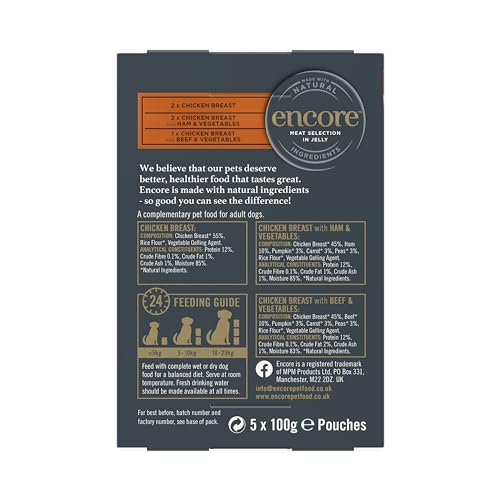 Encore Natural Wet Dog Food Pouches Finest Chicken Selection in Jelly, 5x100g Pouches
