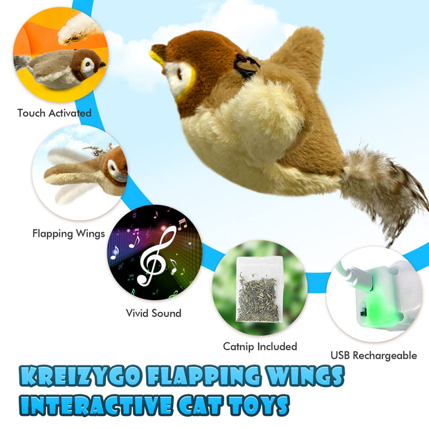 KreizyGo Cat Toys, Flapping Wings Sparrow, No Flying, Chirping Bird Toy, Touch Activated, Rechargeable