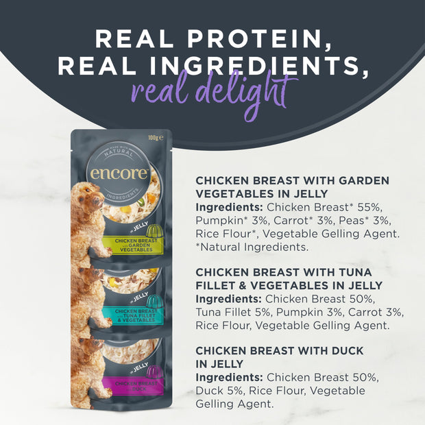 Encore Natural Wet Dog Food Pouches Finest Chicken Selection in Jelly, 5x100g Pouches