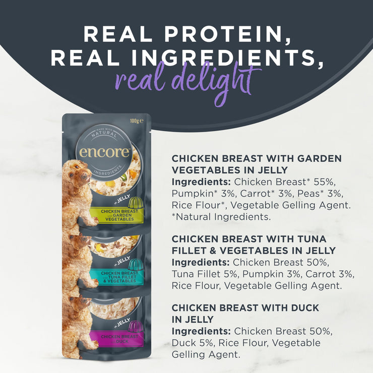 Encore Natural Wet Dog Food Pouches Finest Chicken Selection in Jelly, 5x100g Pouches